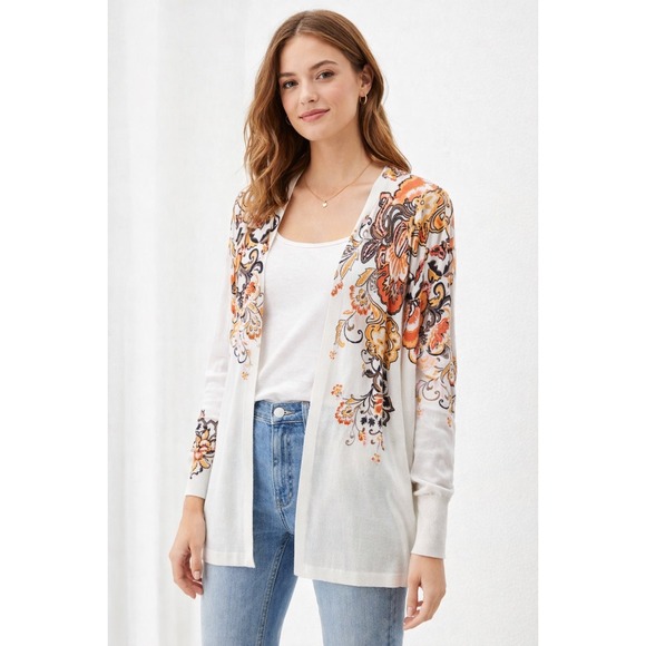 Chico's Sweaters - Chicos Scroll Sun Iron Cardigan Nectarine Floral Print Open Front Size 4 NWT